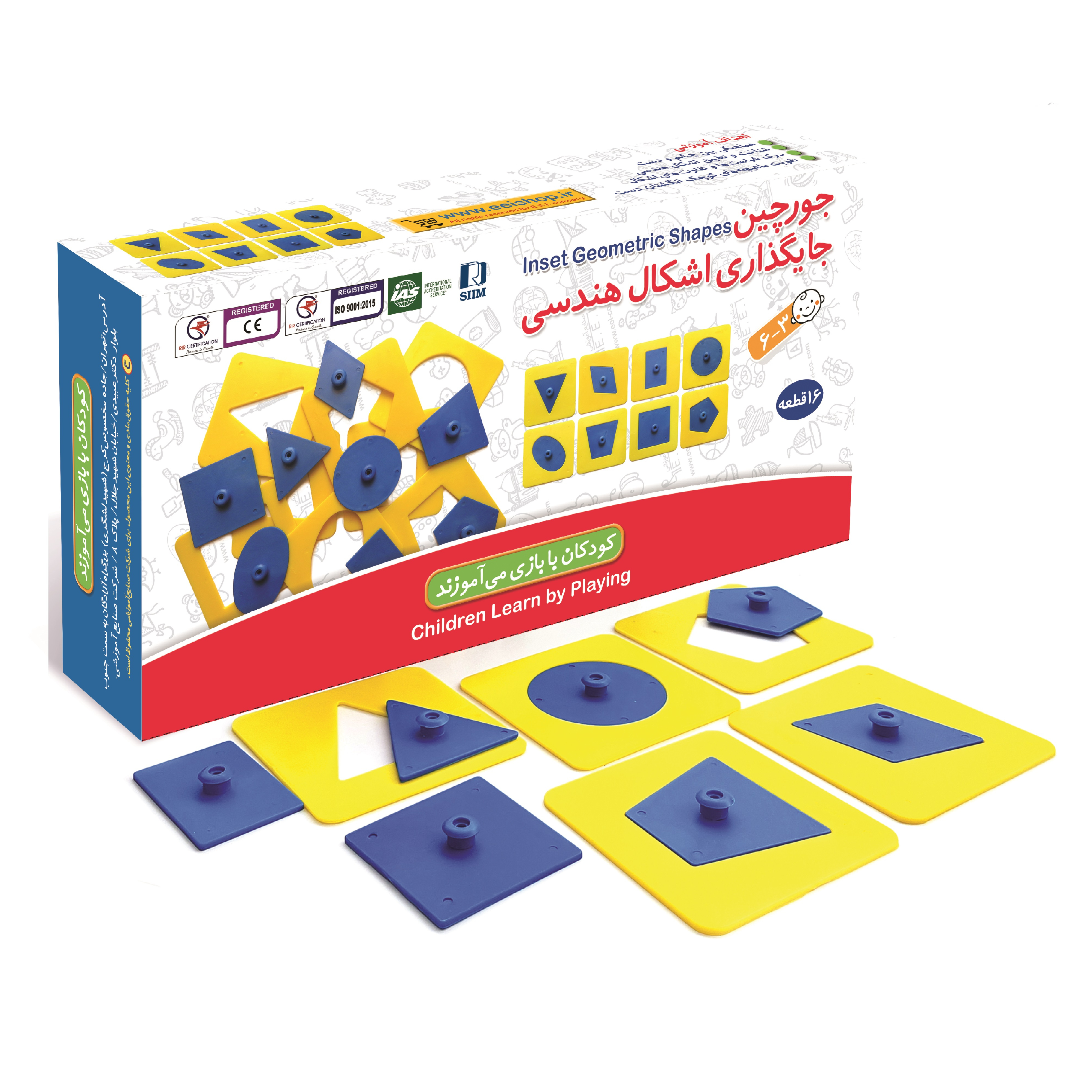 جورچین جایگذاری اشکال هندسی - این مجموعه شامل 8 پازل پلاستیکی اشکال هندسی در ابعاد 15*15 و درمجموع 16 قطعه می باشد.
اهداف بازی:

شناخت و مطابقت اشکال هندسی
درک شباهت ها و تفاوت اشکال
آمادگی برای نوشتن
تقویت مهارت انگشتان
هماهنگی عمل چشم و دست

مناسب برای گروه سنی 3 تا 6 سال
